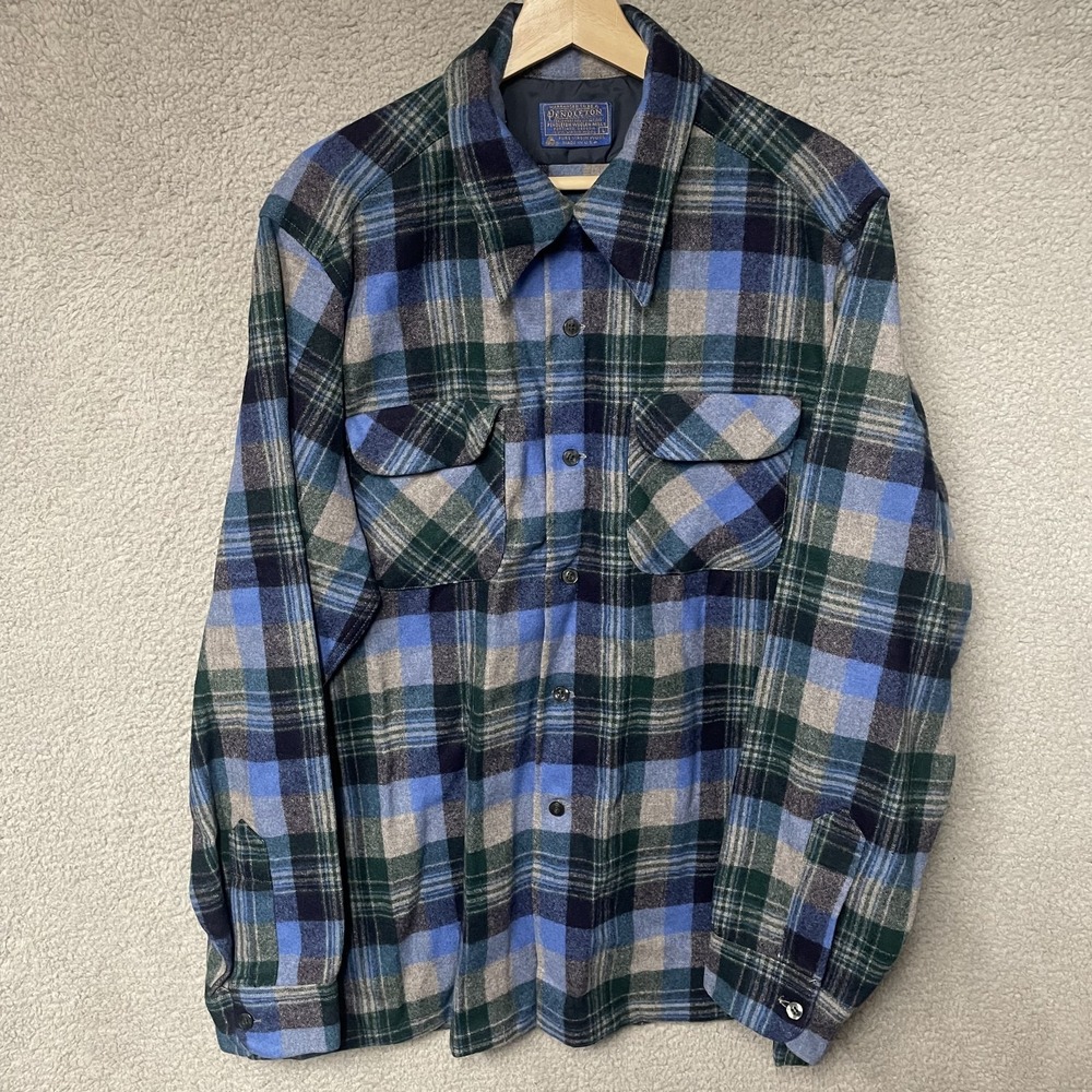 Vintage 70s Pendleton Mens L Large Plaid Wool Board Shirt Loop Collar blue Green